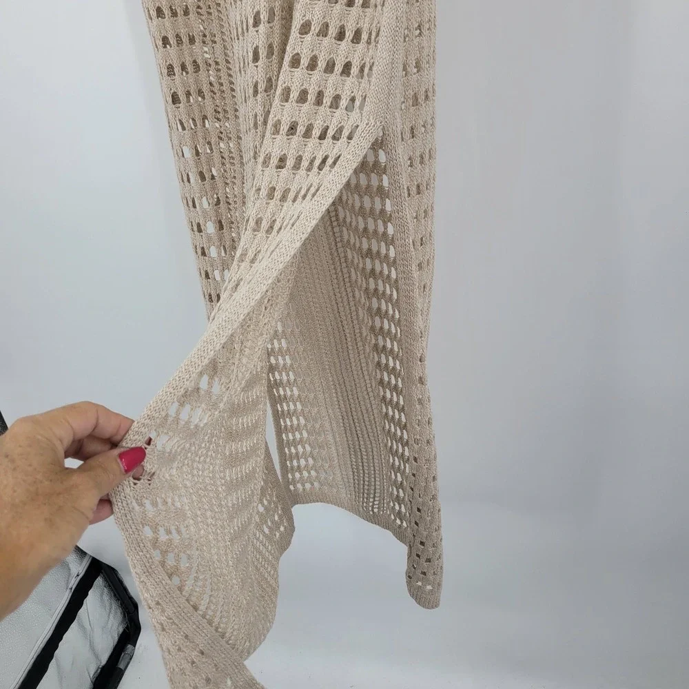 Cha‎ Cha Vente Beach Resort Tan Crochet Maxi Dress Swim Cover-Up Sz M Side Slits